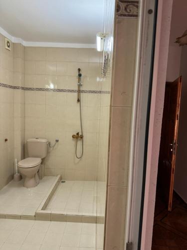 a bathroom with a shower and a toilet at Апартамент Александър in Sunny Beach