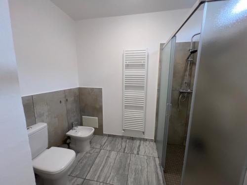 a bathroom with a toilet and a shower at Villa Gabri in Casa Berta