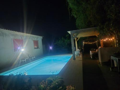 a swimming pool in a yard at night at Charmant T2 in Bastelicaccia