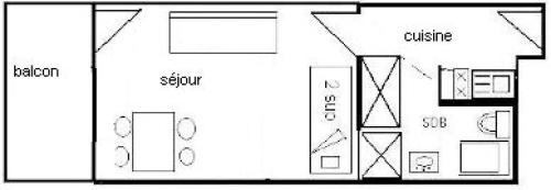 un plan d'étage en noir et blanc d'une maison dans l'établissement Résidence Le France - Studio 3/4 pers. 4 couchages LE FRANCE - PLAGNE CENTRE MAE-9114, à Aime La Plagne