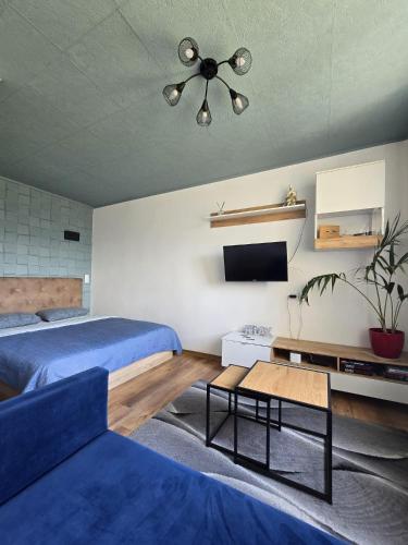 a bedroom with a bed and a ceiling fan at R&J Apartment II in Panevėžys