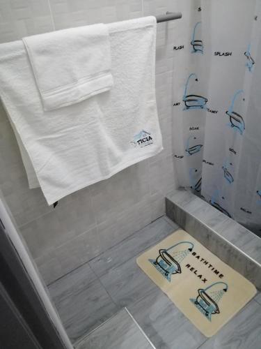 a bathroom with a shower with a towel and a welcome mat at Ticia Apartment, Chipata in Chipata