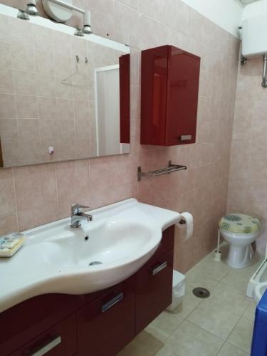 a bathroom with a sink and a mirror and a toilet at Appartamento a primo piano con una stanza in Agnone