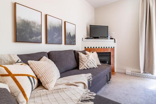 a living room with a gray couch and a tv at Alpenglow Lodge by Elevate Vacations in Whistler