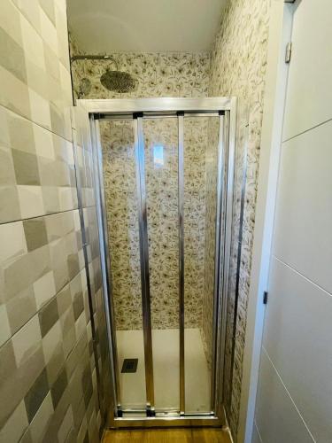a shower with a glass door in a bathroom at Suites Larios Rooms in Málaga