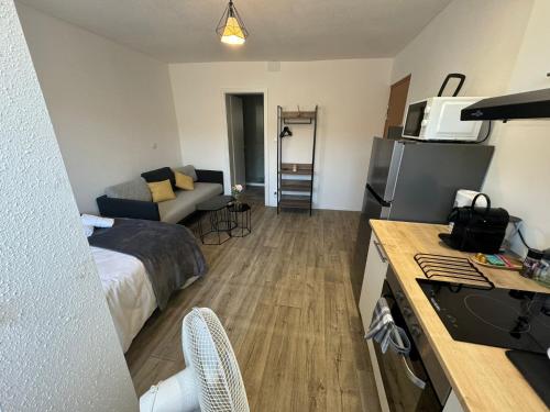 Cette petite chambre comprend un lit et un canapé. dans l'établissement Studio cosy élégant et fonctionnel Centre ville, à Mulhouse