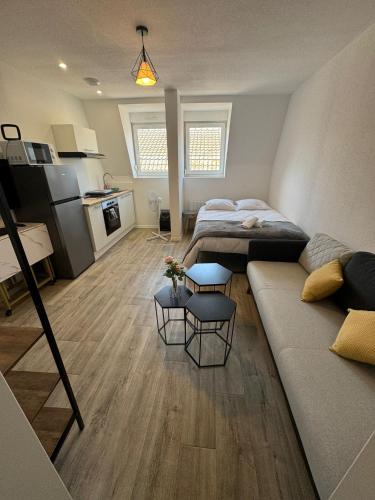 un salon avec un canapé et un lit dans l'établissement Studio cosy élégant et fonctionnel Centre ville, à Mulhouse