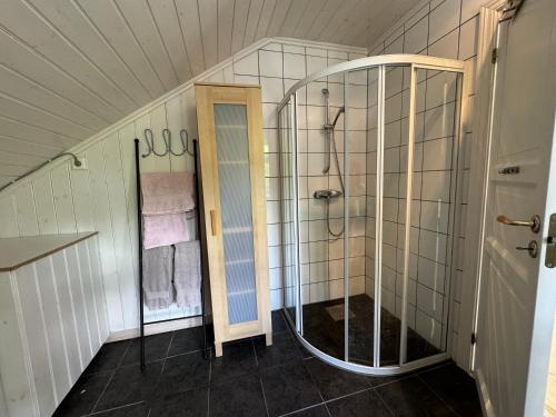 a bathroom with a walk in shower and a walk in shower at Cosy cabin in Risør in Risør