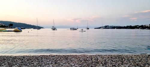 a group of boats on the water with a beach at Apartment MAYA in Nečujam