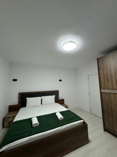 a bedroom with a large bed with a green blanket at Art Apartment 2 in Prishtinë