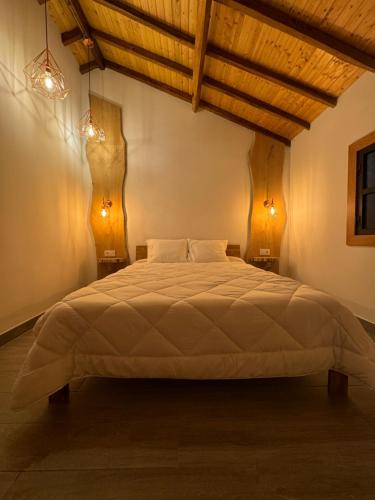 a bedroom with a large bed with two lights at R&F Dreams in Mondim de Basto
