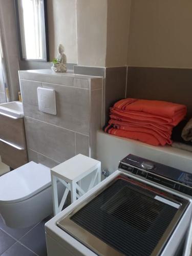 une petite salle de bain avec toilettes et lavabo dans l'établissement Superbe appartement Fabrégas, à La Seyne-sur-Mer