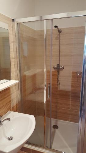 a bathroom with a shower and a sink at Penzion Mika in Jindřichŭv Hradec