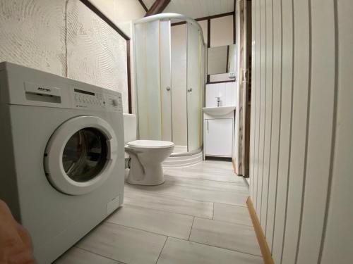 a bathroom with a washing machine and a toilet at Przystanek Reclaw in Recław