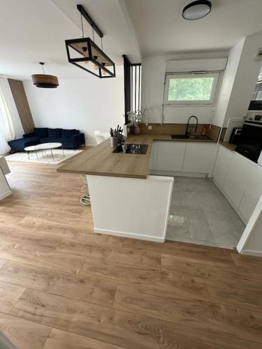 - un salon avec une cuisine dotée d'un comptoir dans l'établissement T4 de 87m2 à 5min de Paris, à Villejuif