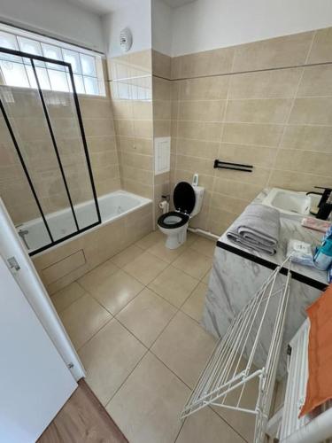 une salle de bain avec toilettes, lavabo et baignoire dans l'établissement T4 de 87m2 à 5min de Paris, à Villejuif