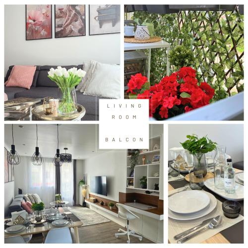 un collage de photos d'un salon avec des fleurs rouges dans l'établissement Entire 60m2 apartment - Close to Paris - Parking - Kitchen - 2min RERB - Olympic'24, à Bourg-la-Reine