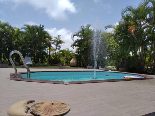 a swimming pool with a fountain in the middle at L'ASETA Paradise in Grand-Bourg