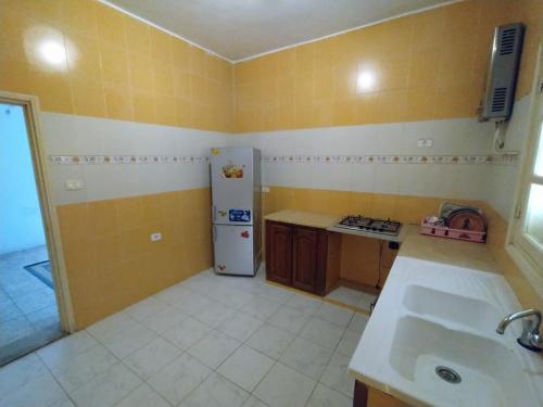 a small kitchen with a refrigerator and a sink at Apartments in Djerba