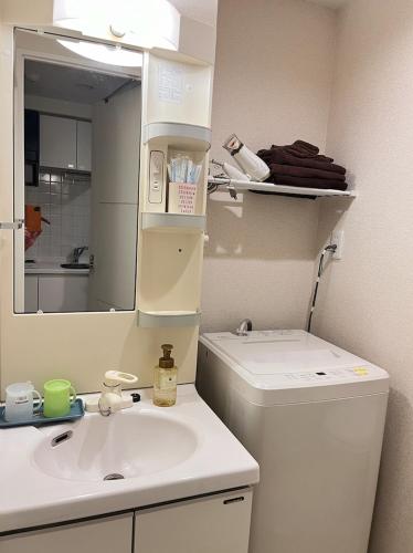 a bathroom with a sink and a mirror over a toilet at 801 5mins from JR Kinshicho! Near Asakusa&Skytree! in Tokyo