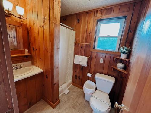 a bathroom with a toilet and a sink and a window at Waters Edge Lodge in Lake George