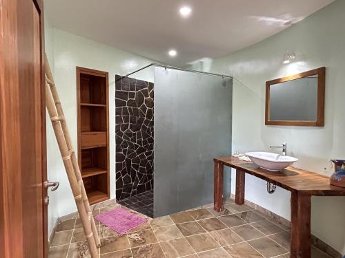 a bathroom with a shower with a sink and a mirror at Villa Ponjok Batu Residence in Bukti