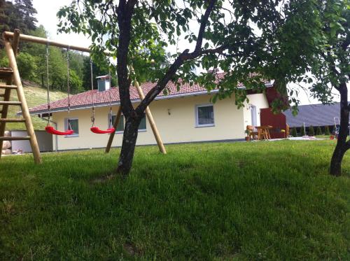 a yard with a swing set in front of a house at Appartament Eichnerhof in Chienes