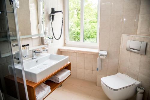 a bathroom with a sink and a toilet and a window at Hotel Villa Elsa in Bad Kissingen