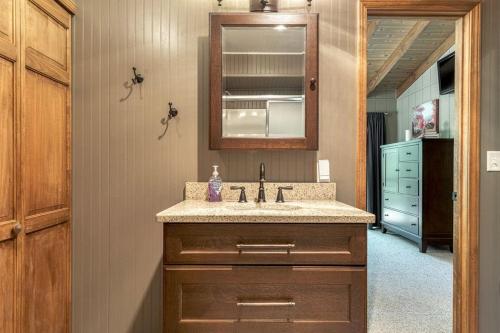 un bagno con lavandino e specchio di Tarnhouse Lakefront Cottage a Innsbrook