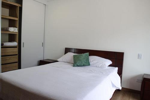 a bedroom with a bed with a green pillow on it at Apartamento en el centro Bogotá in Bogotá