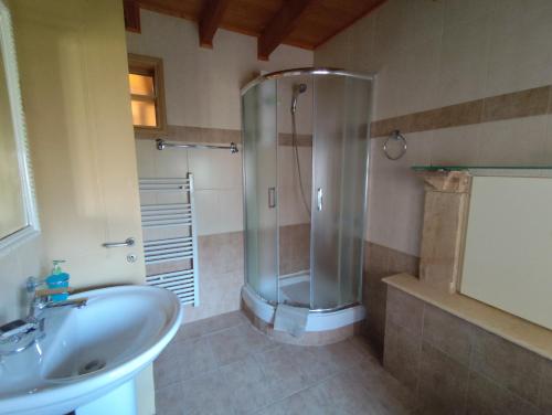 a bathroom with a shower and a sink at Mastiha house in Neochórion