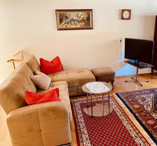 a living room with a couch and a tv at Ferienwohnungen Wentzler in Pflach