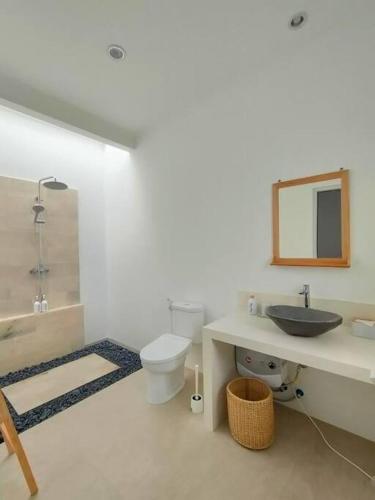 a bathroom with a sink and a toilet and a mirror at FREE airport pickup for new 2BR villa near Canggu in Sangeh