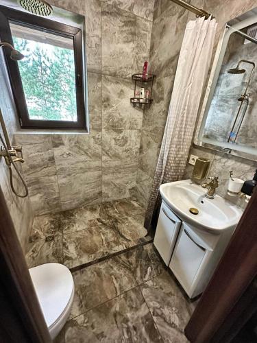 a bathroom with a sink and a toilet and a window at L - Hutir in Mykulychyn