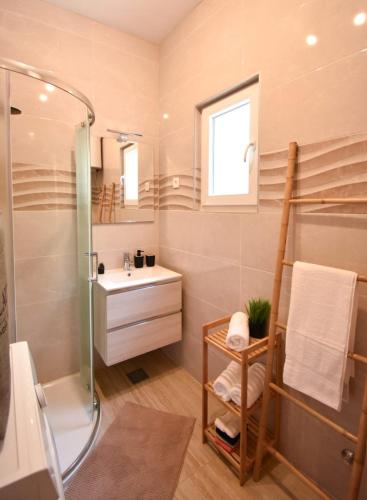 a bathroom with a shower and a sink at POOl HOUSE BRUNO in Nin