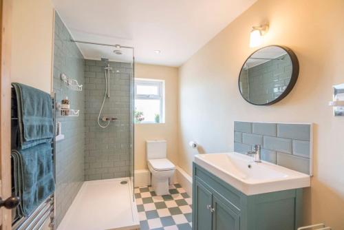 een badkamer met wastafel, douche en toilet bij Olive Cottage, Wickham Market in Wickham Market
