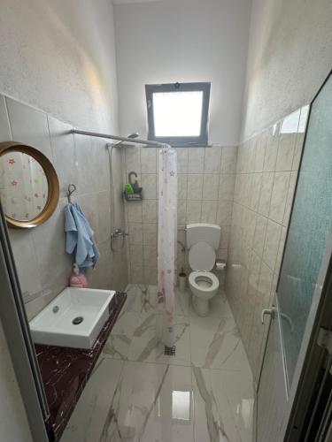 a bathroom with a toilet and a sink and a shower at Vacation Apartments in Hamallaj in Armath