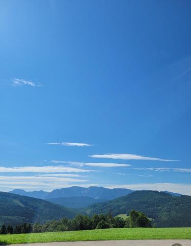 a view of the mountains from a road at Gasthaus Schöberingerhof in Weyregg