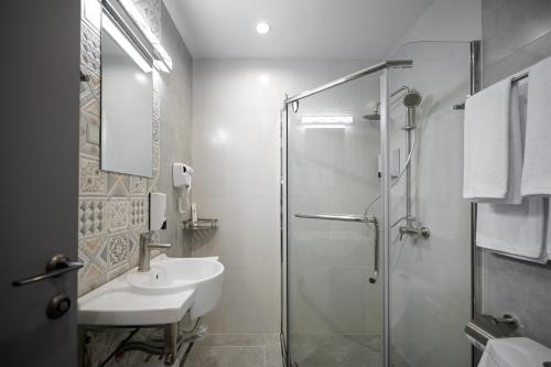 a bathroom with a sink and a glass shower at Dynasty Hotel & SPA in Yerevan