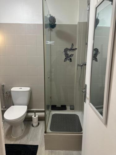 une salle de bain avec toilettes et douche en verre dans l'établissement Carras, à Nice