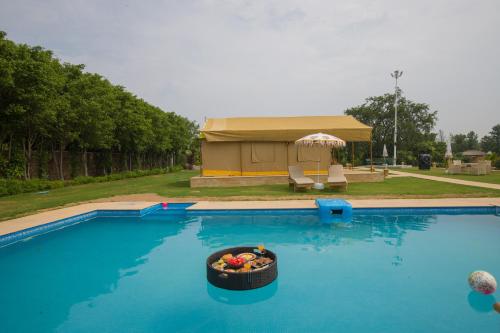 a bowl of fruit in a basket in the middle of a swimming pool at Elivaas 5 BHK with Pool, Tents & Pond - Kaimalgarh Farmstay in Bhundsi