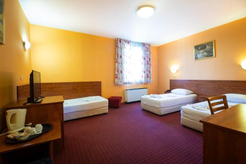 a hotel room with two beds and a television at Sveta Sofia Hotel in Sofia