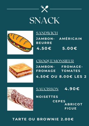 a menu of food items with a hot dog at Brit Hotel L'Arrivée Guingamp in Guingamp
