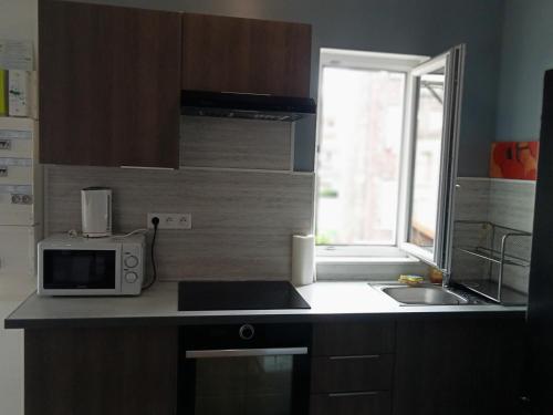 a kitchen with a microwave and a sink and a window at WIFI- STADE DE FRANCE- BASILIQUE CATHEDRALE MONSEJOURASAINTDENIS in Saint-Denis