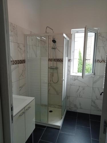 a bathroom with a shower and a sink and a window at WIFI- STADE DE FRANCE- BASILIQUE CATHEDRALE MONSEJOURASAINTDENIS in Saint-Denis