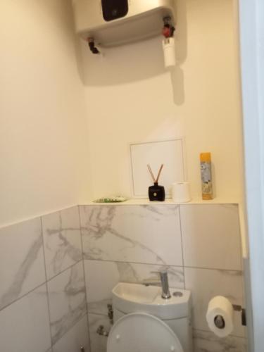 a white bathroom with a toilet and a sink at WIFI- STADE DE FRANCE- BASILIQUE CATHEDRALE MONSEJOURASAINTDENIS in Saint-Denis