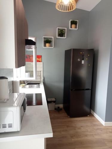 a kitchen with a black refrigerator in the corner at WIFI- STADE DE FRANCE- BASILIQUE CATHEDRALE MONSEJOURASAINTDENIS in Saint-Denis