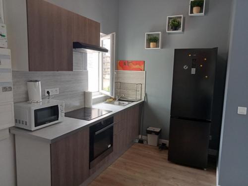 a kitchen with a black refrigerator and a microwave at WIFI- STADE DE FRANCE- BASILIQUE CATHEDRALE MONSEJOURASAINTDENIS in Saint-Denis
