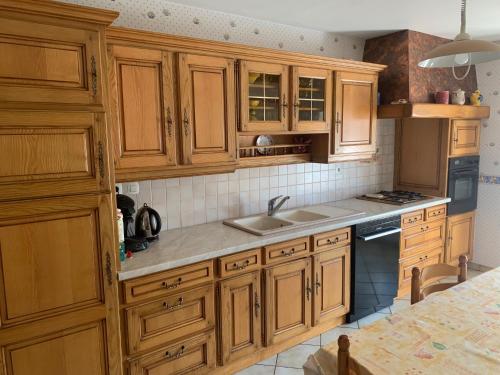 a kitchen with wooden cabinets and a sink at Ancienne ferme avec vue panoramique sur le lac de l'Abbaye in Grande Riviere