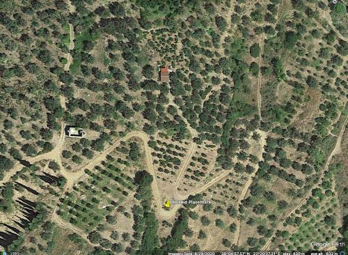 an overhead view of a forest with a house and a road at Farmhouse Prosilio in Óasis